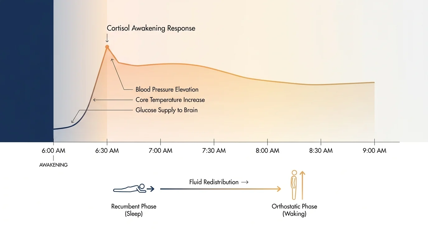 A clean medical diagram showing the rise of cortisol and blood pressure during the first few hours after waking.