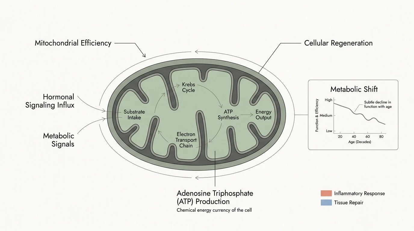 A clean scientific diagram showing how mitochondria produce ATP and fuel cellular repair during the recovery process.