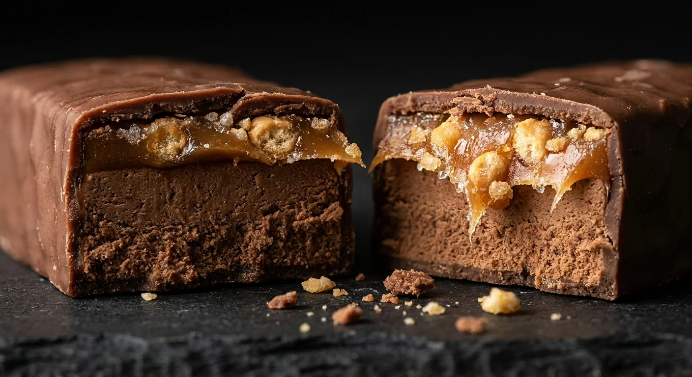A close-up cross-section of a protein bar showing layers of chocolate, caramel, and crisps.
