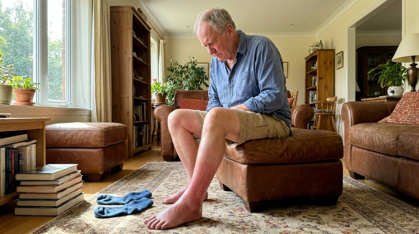 A close-up, natural photo of a senior's legs where one leg is noticeably more swollen than the other.