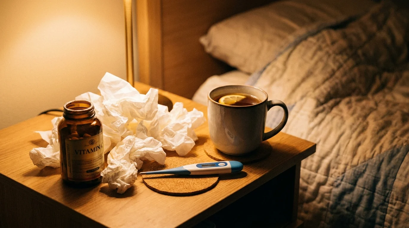 A close-up of a bedside table with tissues, a thermometer, and tea, suggesting a recurring minor illness.