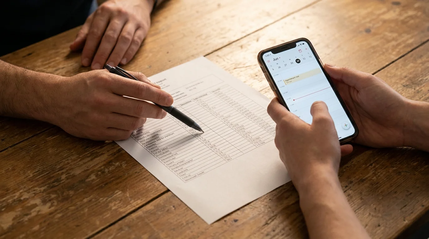 A close-up of a doctor and patient's hands reviewing a medical report on a wooden table.
