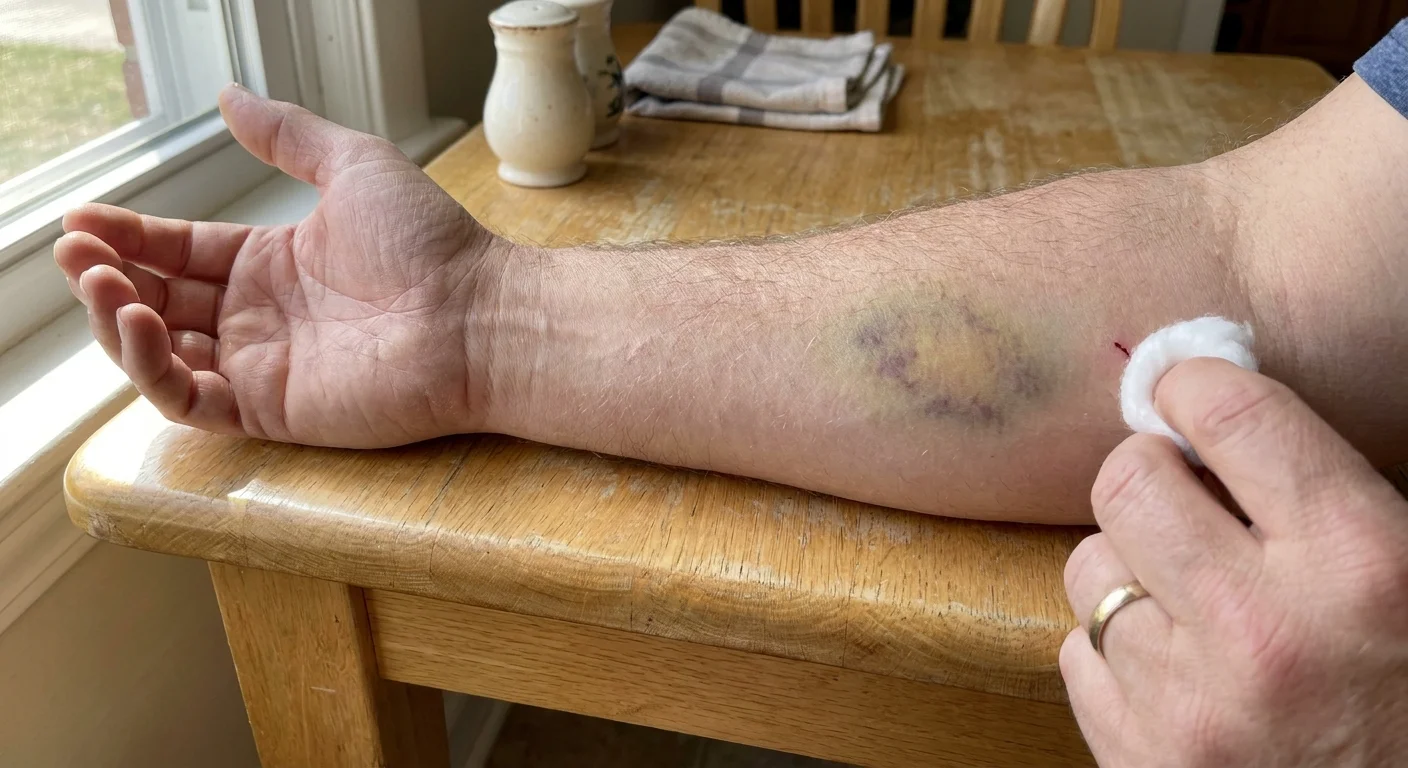 A close-up of a forearm with a yellowish-purple bruise, while a hand holds a cotton ball to a small cut on a finger.