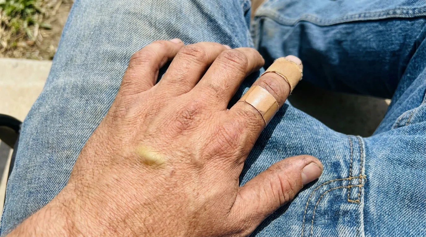 A close-up of a hand with a small bandage on a finger and a faint bruise, showing slow healing.