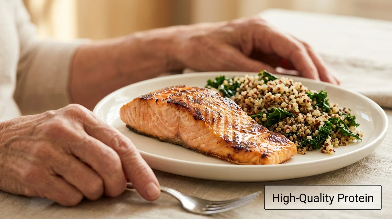 A close-up of a healthy salmon and quinoa meal, emphasizing protein intake for muscle health.