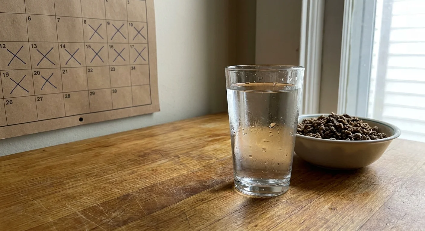 A close-up of a kitchen counter with a glass of water and a calendar with dates marked, representing habit tracking.