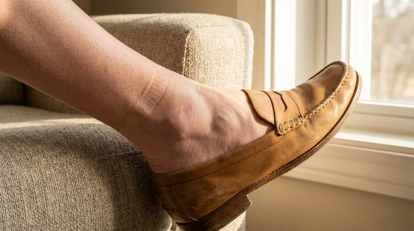 A close-up of a person's ankle showing a visible indentation from a sock, indicating fluid retention and swelling.