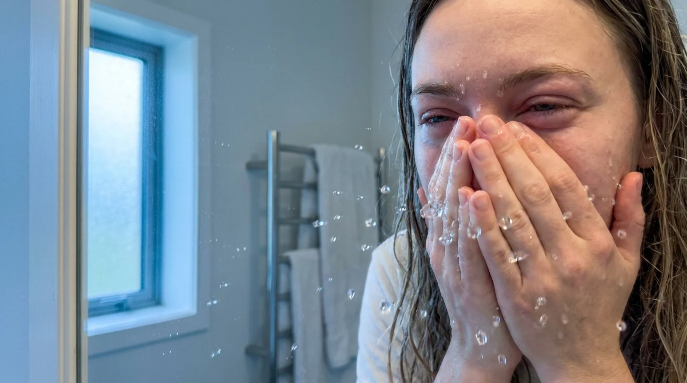 A close-up of a person's face in a mirror showing puffy eyes in the morning, a sign of protein leaking into the urine.