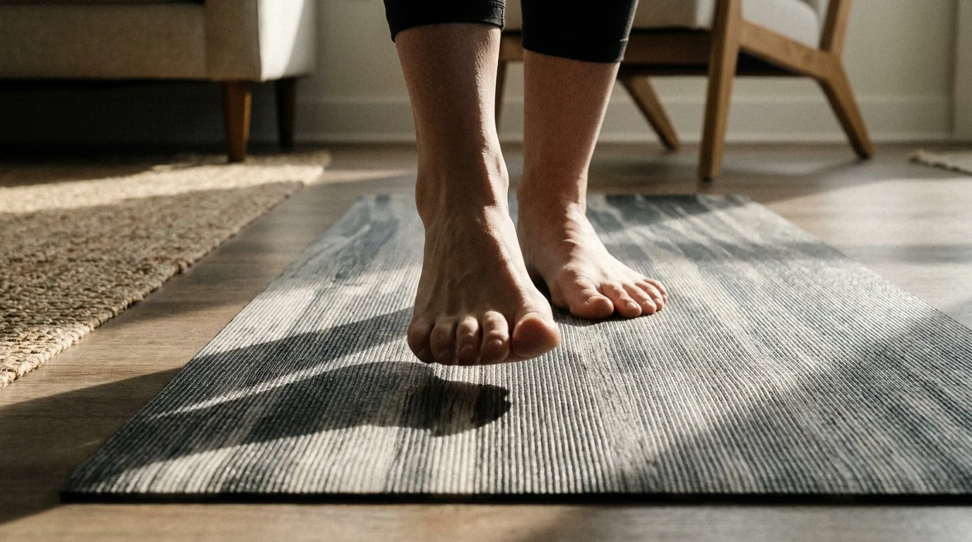 A close-up of a person's feet on a yoga mat, emphasizing the physical connection and balance required for proprioception.