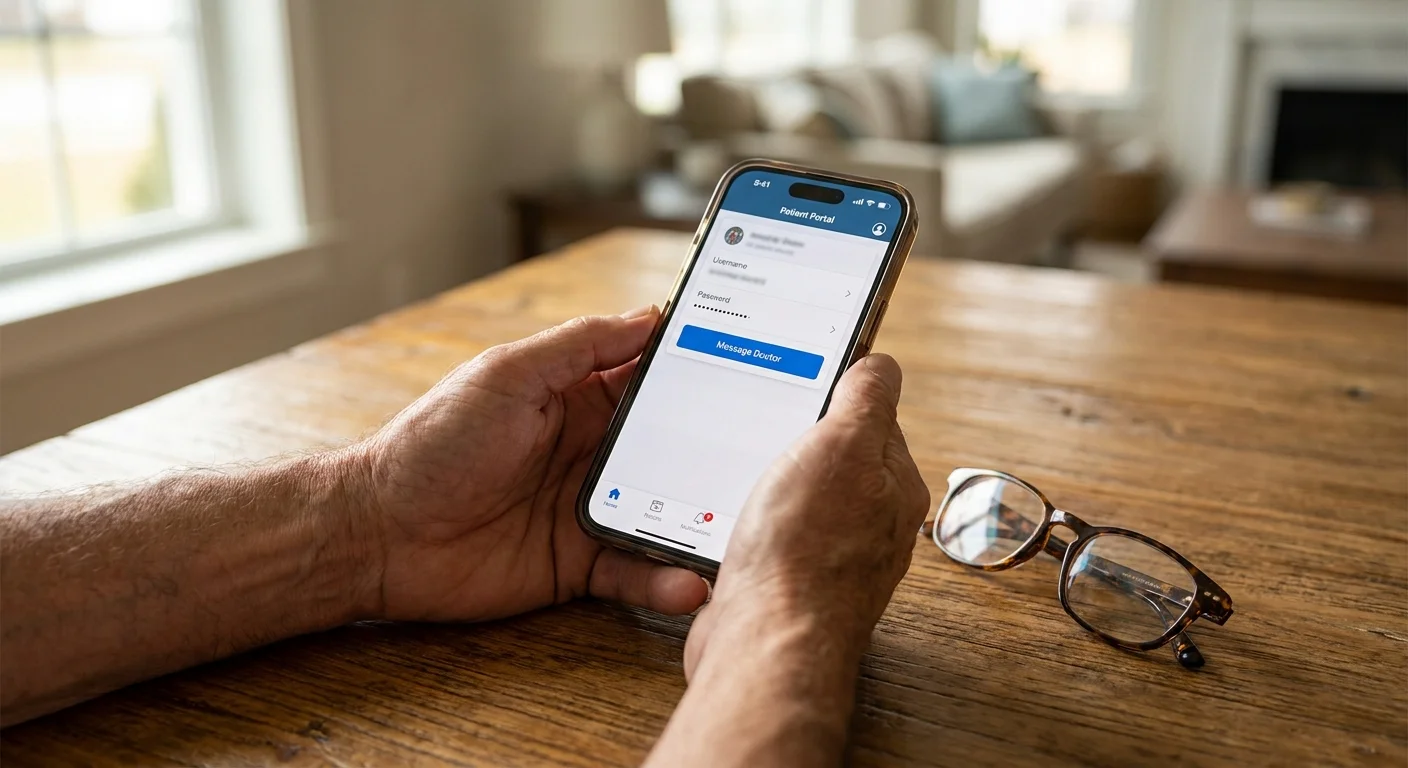 A close-up of a person's hands using a medical app on a smartphone to contact their doctor.