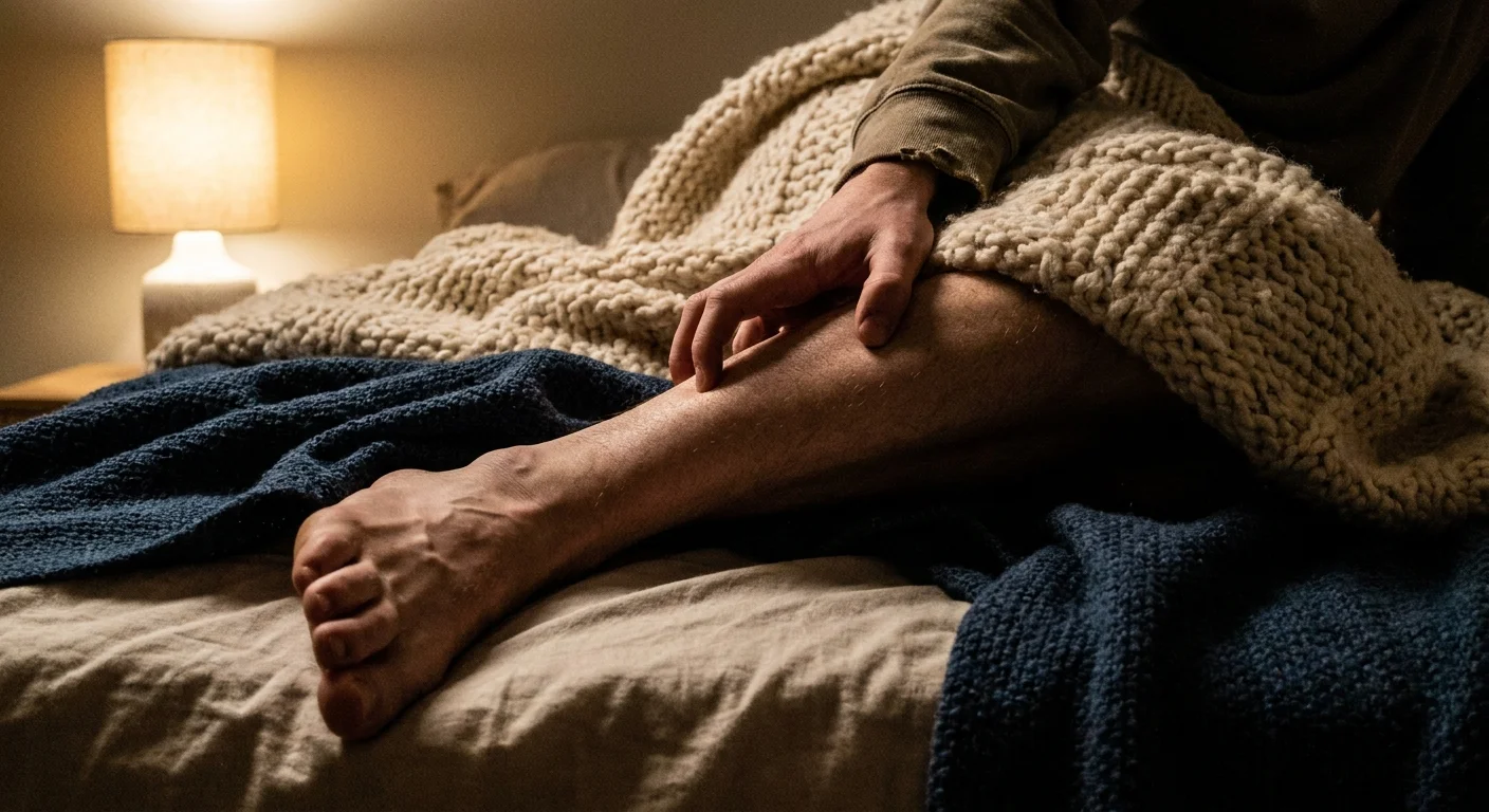 A close-up of a person's legs under a blanket at night, with a hand gripping a cramped calf muscle.