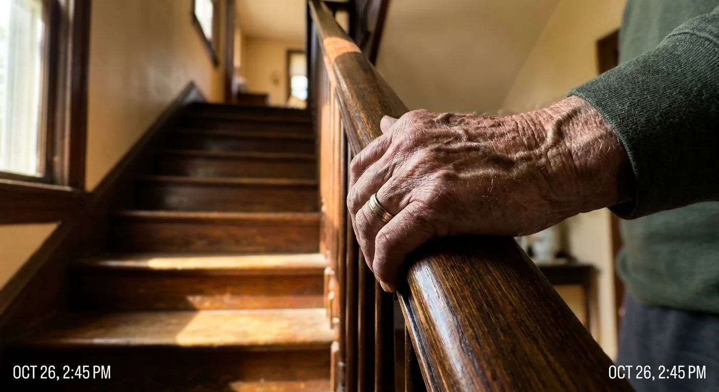 A close-up of a senior's hand gripping a stair banister tightly, illustrating the physical effort required when muscles are weak.