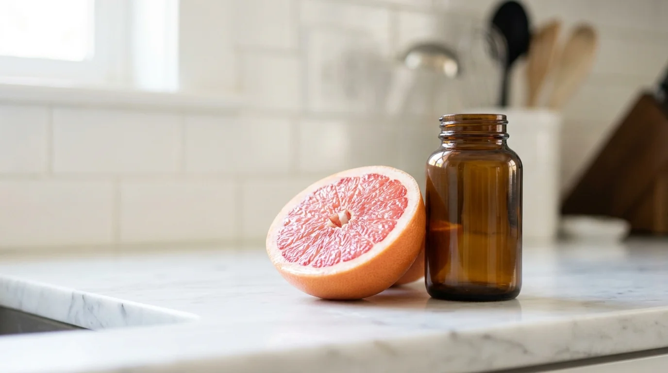 A close-up of a sliced grapefruit next to a medicine bottle on a white marble counter.