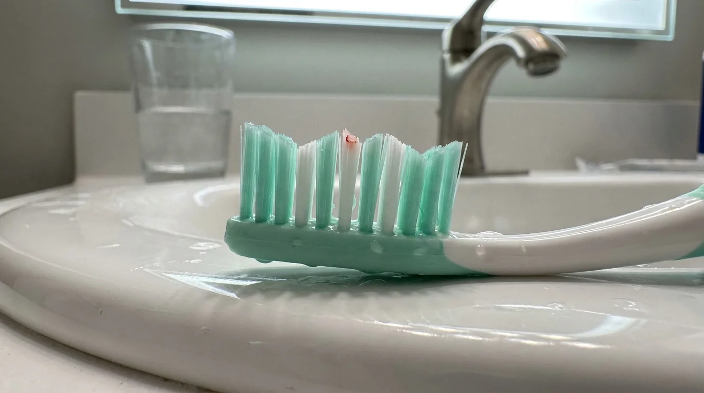 A close-up of a toothbrush on a sink with a small speck of pink, indicating bleeding gums.