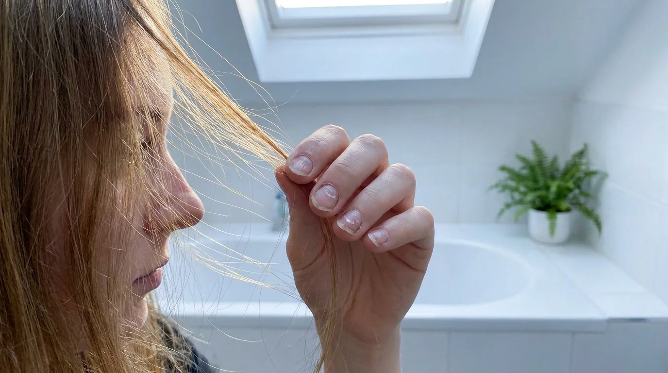 A close-up of brittle, ridged fingernails as a hand rests against fine, thinning hair.