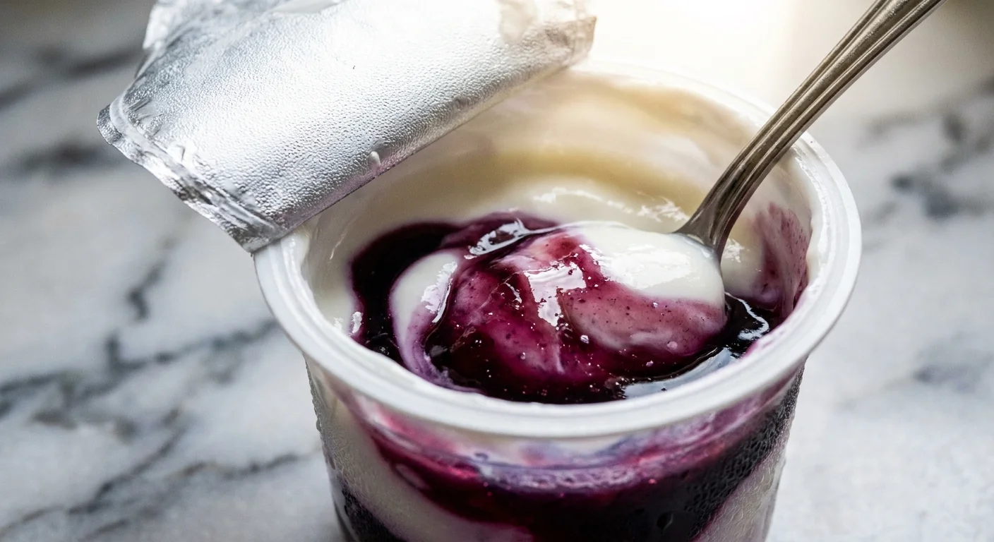 A close-up of fruit syrup being stirred into white yogurt, showing the concentrated sugar at the bottom of the cup.