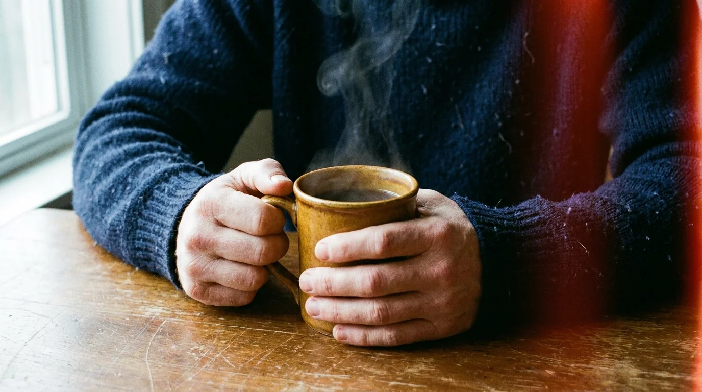 A close-up of pale hands clutching a steaming mug of tea, suggesting chronic coldness in the extremities.