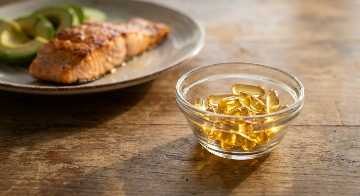 A close-up of vitamin D gel caps next to a healthy meal of salmon, representing treatment options.