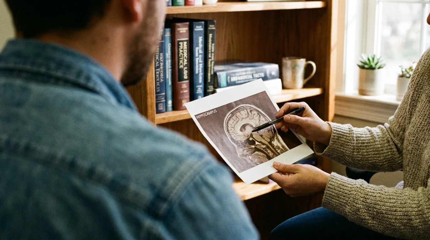 A close-up over-the-shoulder shot of a doctor in a sweater pointing to a brain scan while talking to a patient in a warm office.
