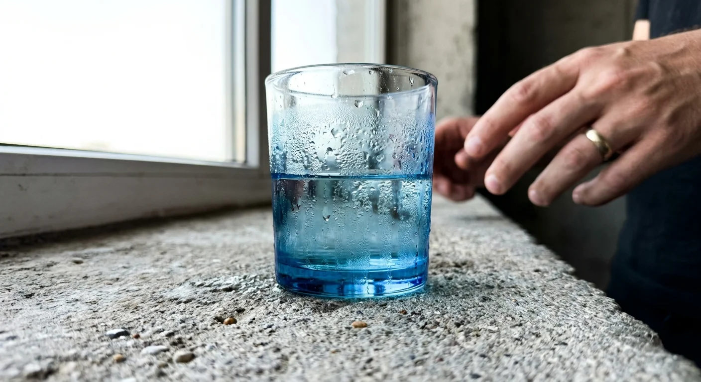 A close-up photo of a glass of water with condensation, with a person's hand reaching for it in the background.