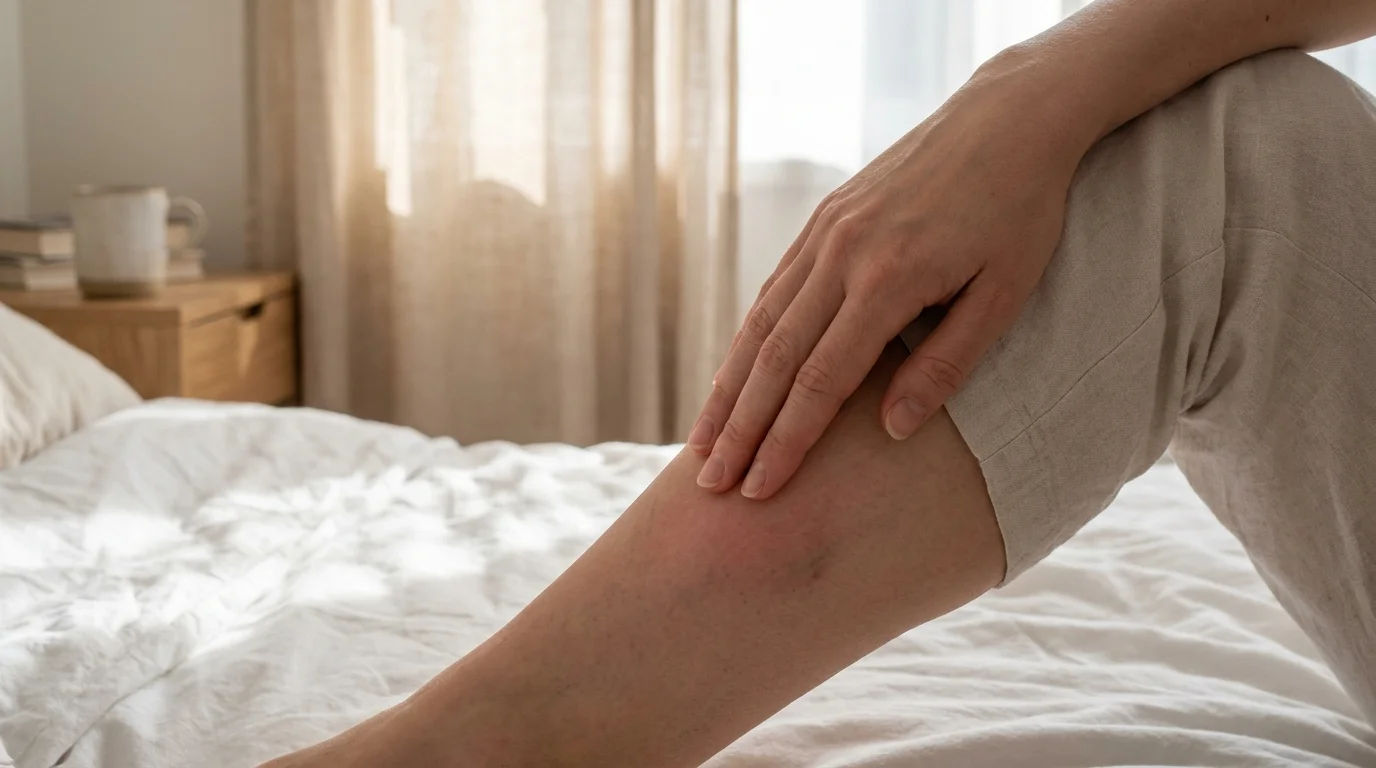 A close-up photo of a hand gently feeling a reddened area on a leg for warmth and tenderness.