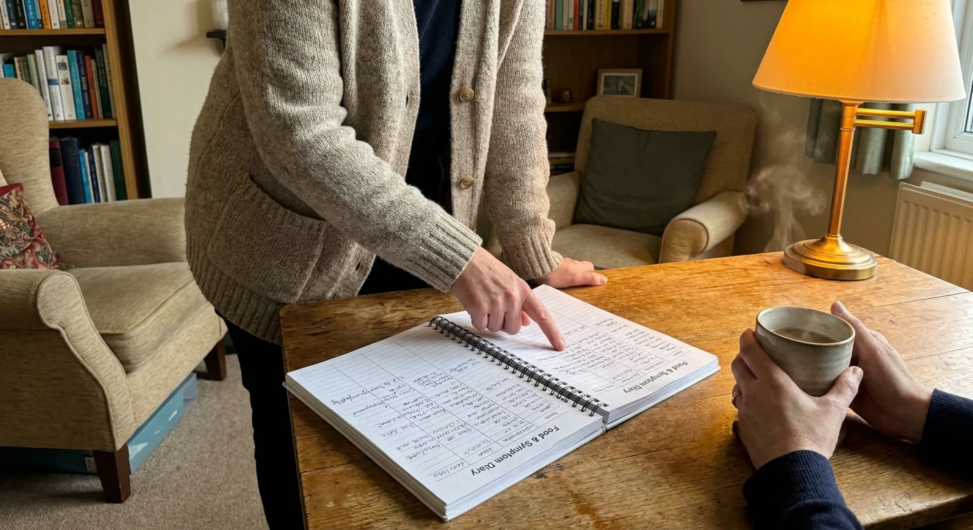 A close-up photo of a healthcare provider and patient reviewing a food diary together at a table.