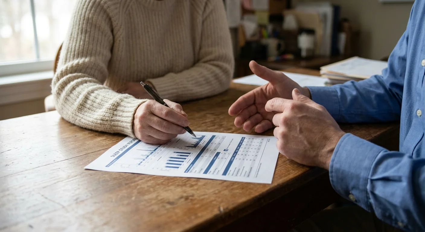A close-up photo of a patient and doctor reviewing a sleep study report together at a table.