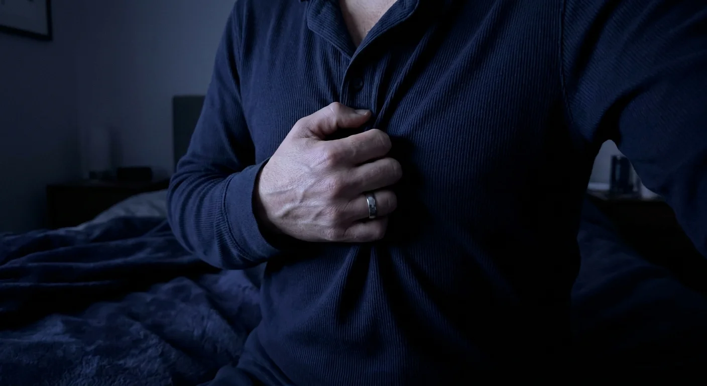 A close-up photograph of a hand pressing against the chest in a dark room, symbolizing nighttime chest pressure.