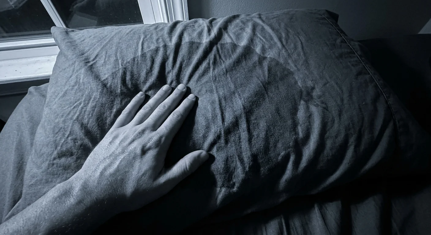 A close-up photograph of a hand touching a sweat-dampened grey pillow in a dark room.