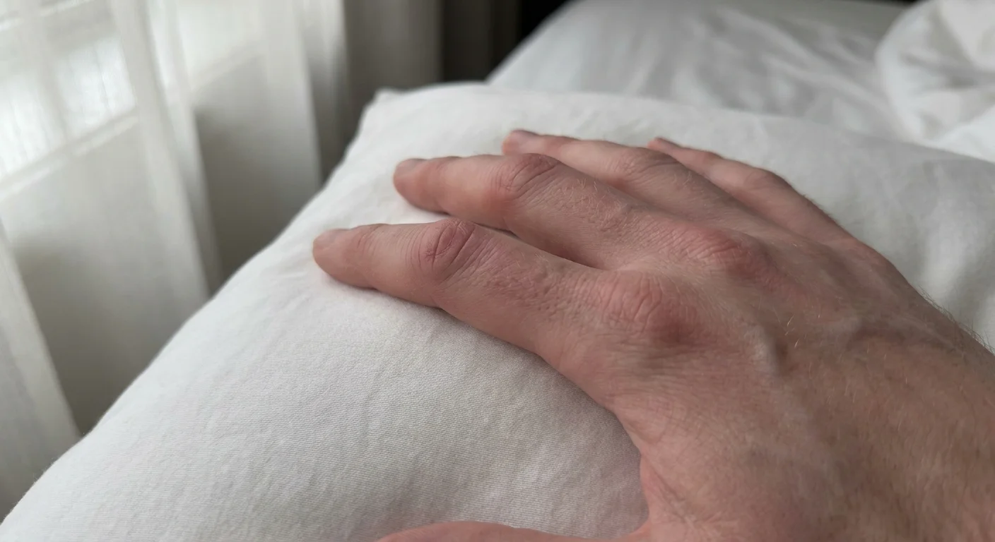 A close-up photograph of a hand with swollen, red knuckles resting on a white pillowcase.