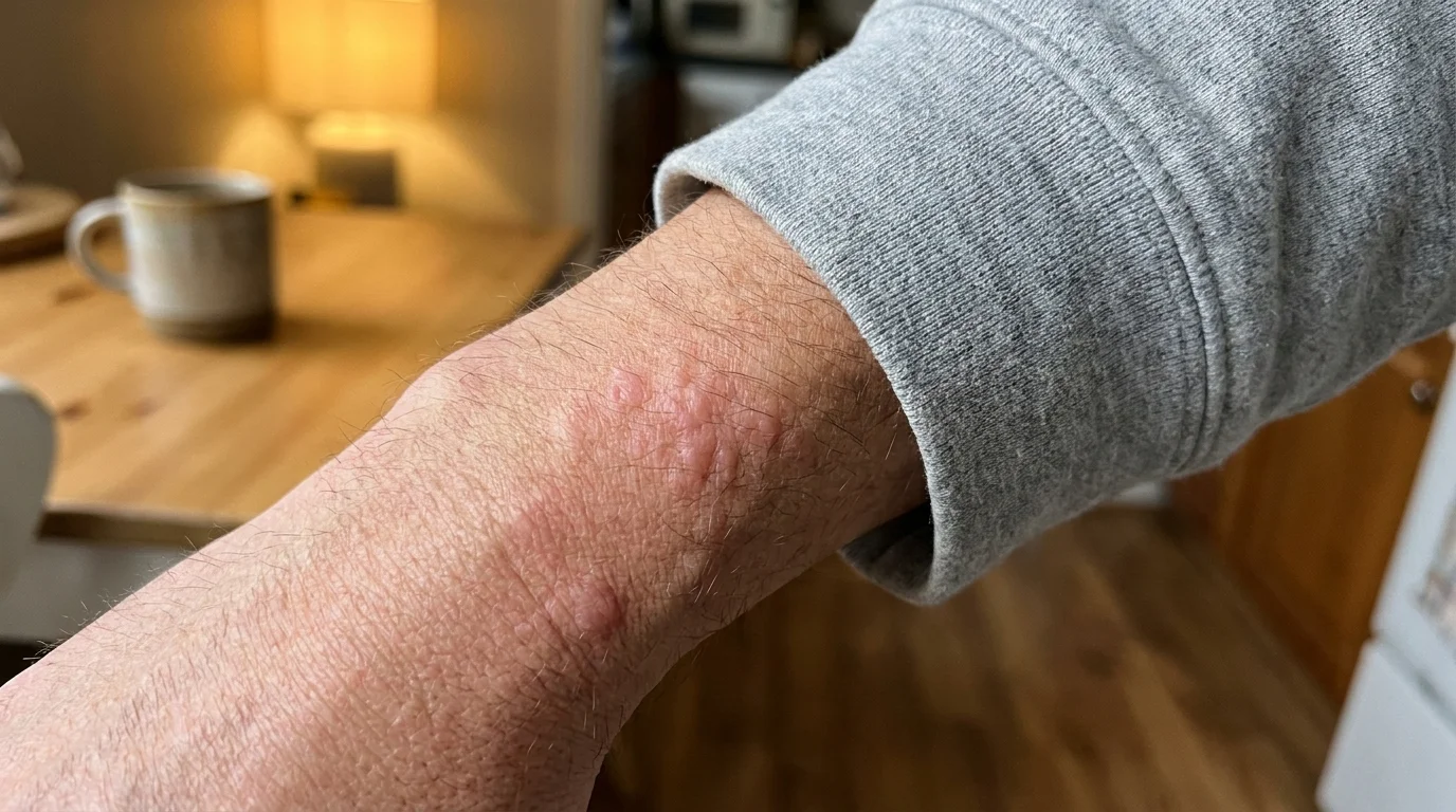 A close-up photograph of a person's arm showing realistic hives and skin irritation, with a soft grey sweater and a warm background.