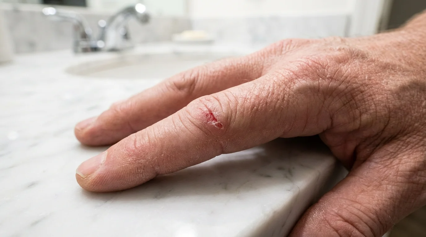 A close-up photograph of a small scrape on a hand that remains red and unhealed, showing slow recovery.