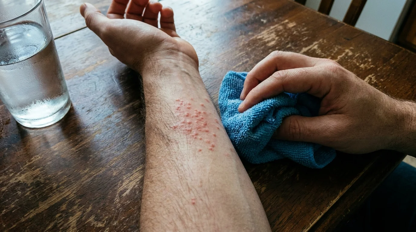 A close-up photograph of a stress-induced rash on an arm, with a cool washcloth nearby on a wooden table.