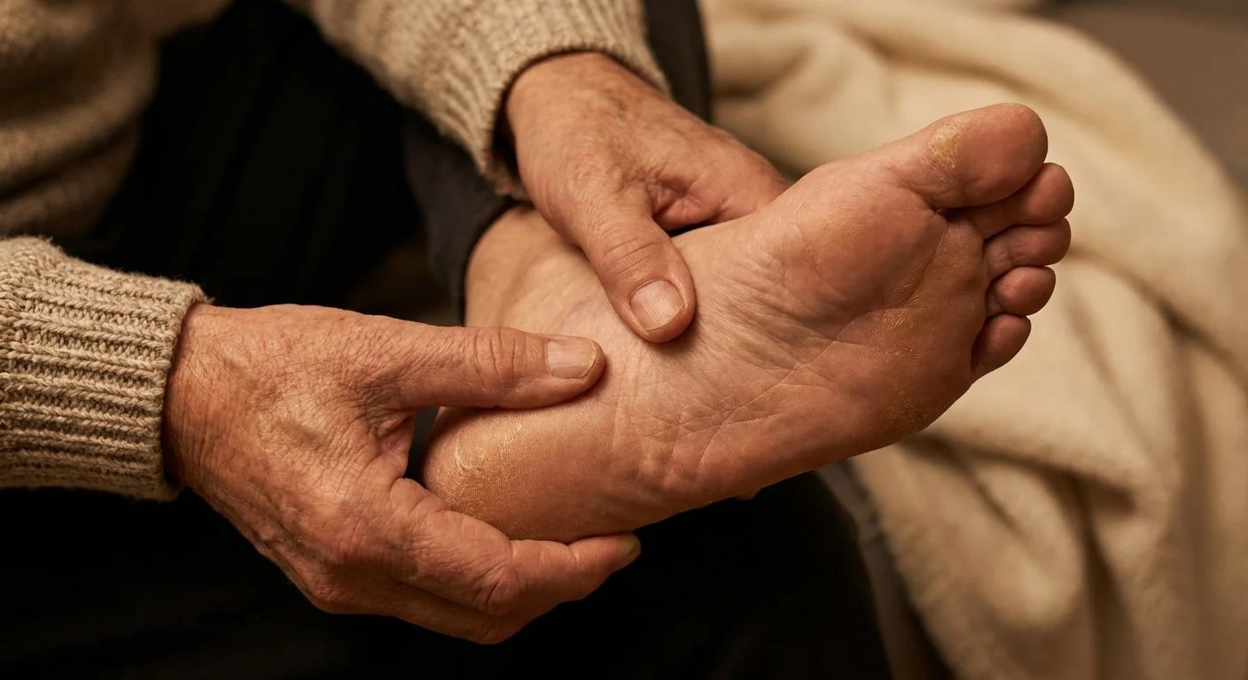A close-up photograph of hands rubbing the sole of a foot on a bedsheet, showing no visible rash despite the irritation.