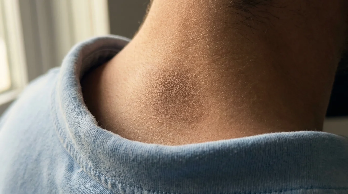 A close-up photograph of the back of a neck showing a patch of darkened skin texture.