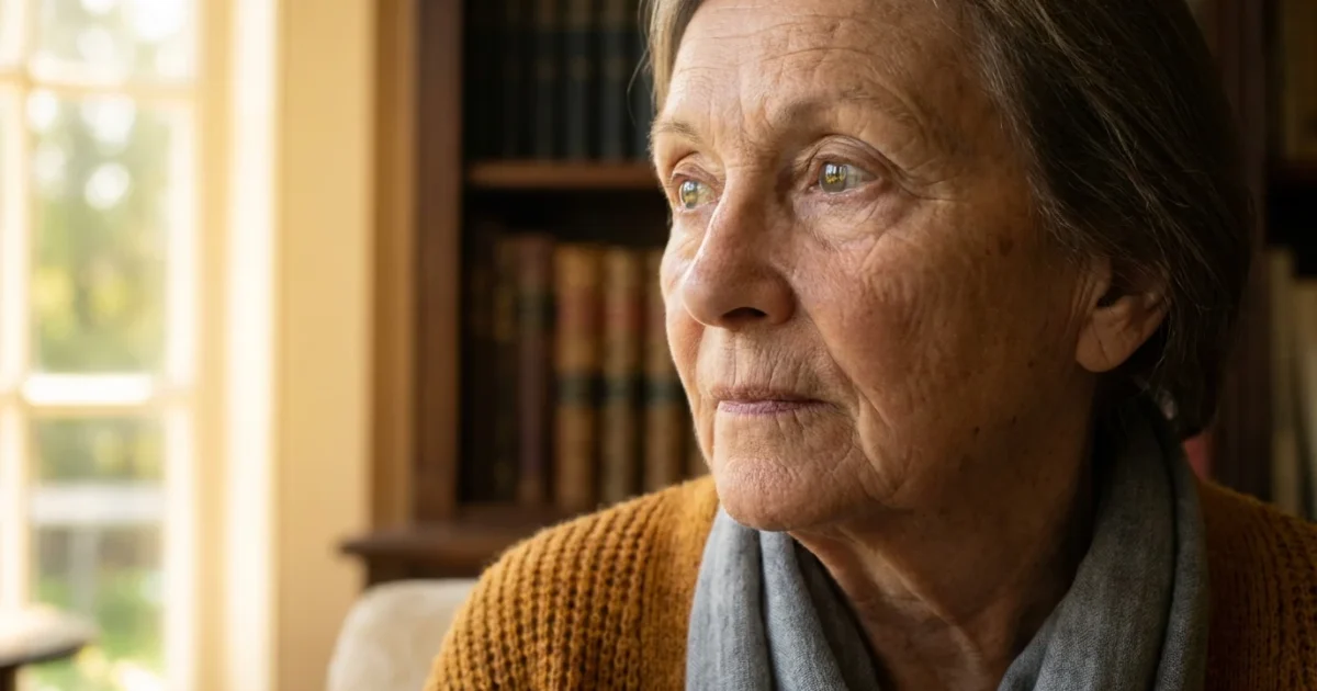 A close-up portrait of a senior woman with clear, bright eyes looking toward natural light in a warm home setting.