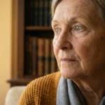 A close-up portrait of a senior woman with clear, bright eyes looking toward natural light in a warm home setting.