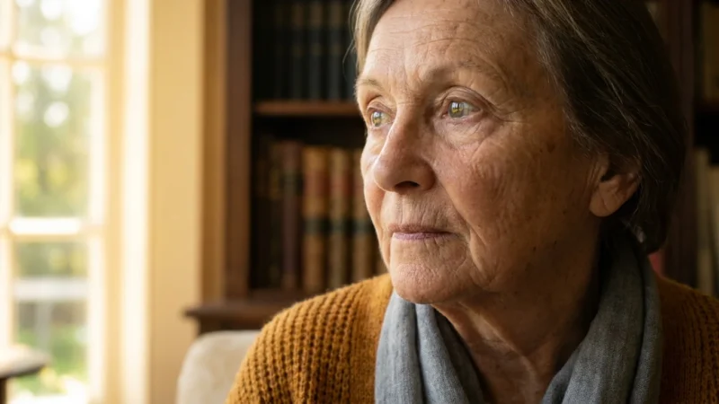 A close-up portrait of a senior woman with clear, bright eyes looking toward natural light in a warm home setting.