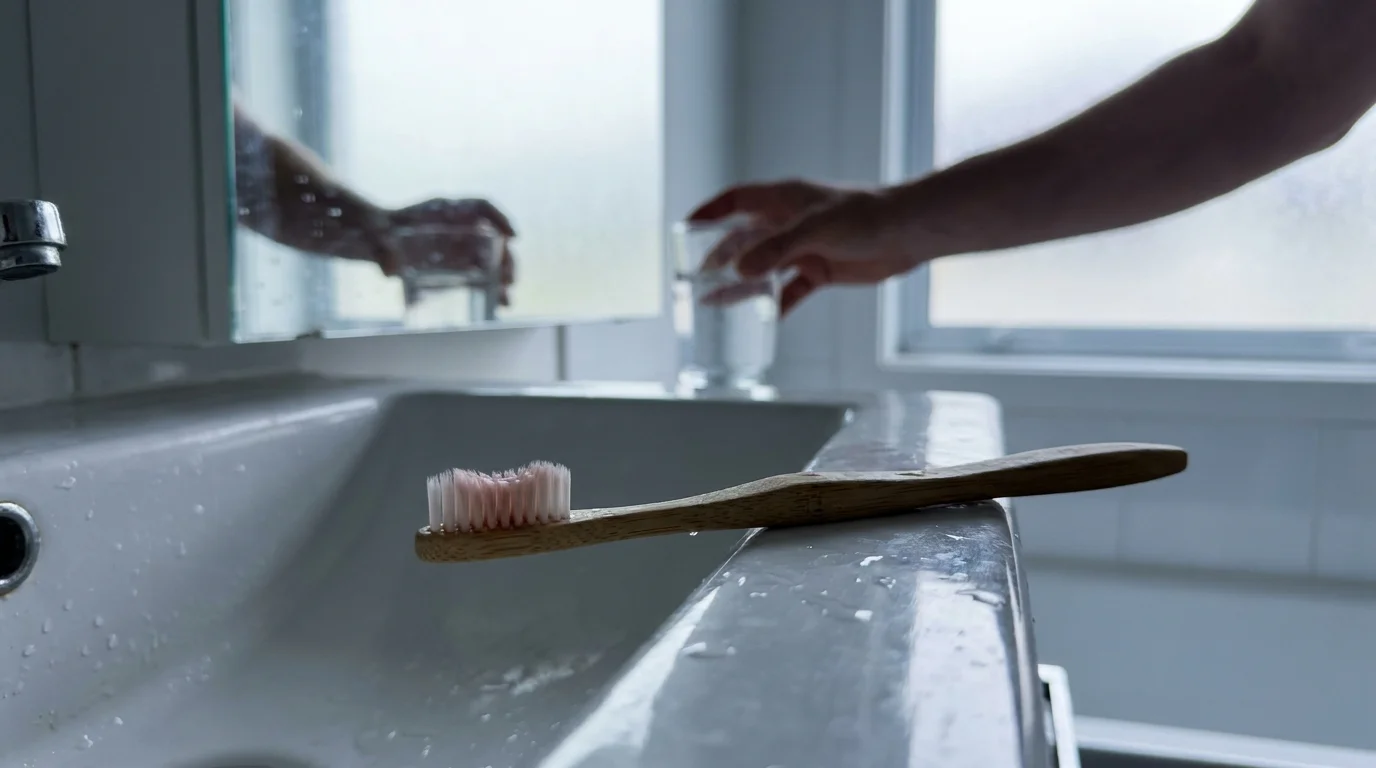 A close-up shot of a bamboo toothbrush on a white sink with a faint pink tint on the bristles in natural morning light.
