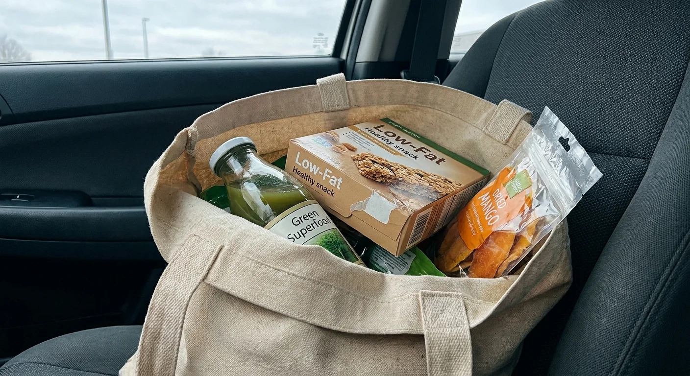 A close-up shot of a grocery bag filled with fruit juices and granola bars, highlighting 'healthy' labels that can be misleading.