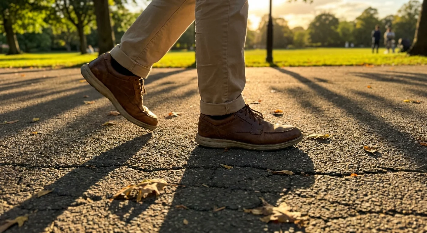 A close-up shot of someone's feet in walking shoes as they walk along a sunny park path.