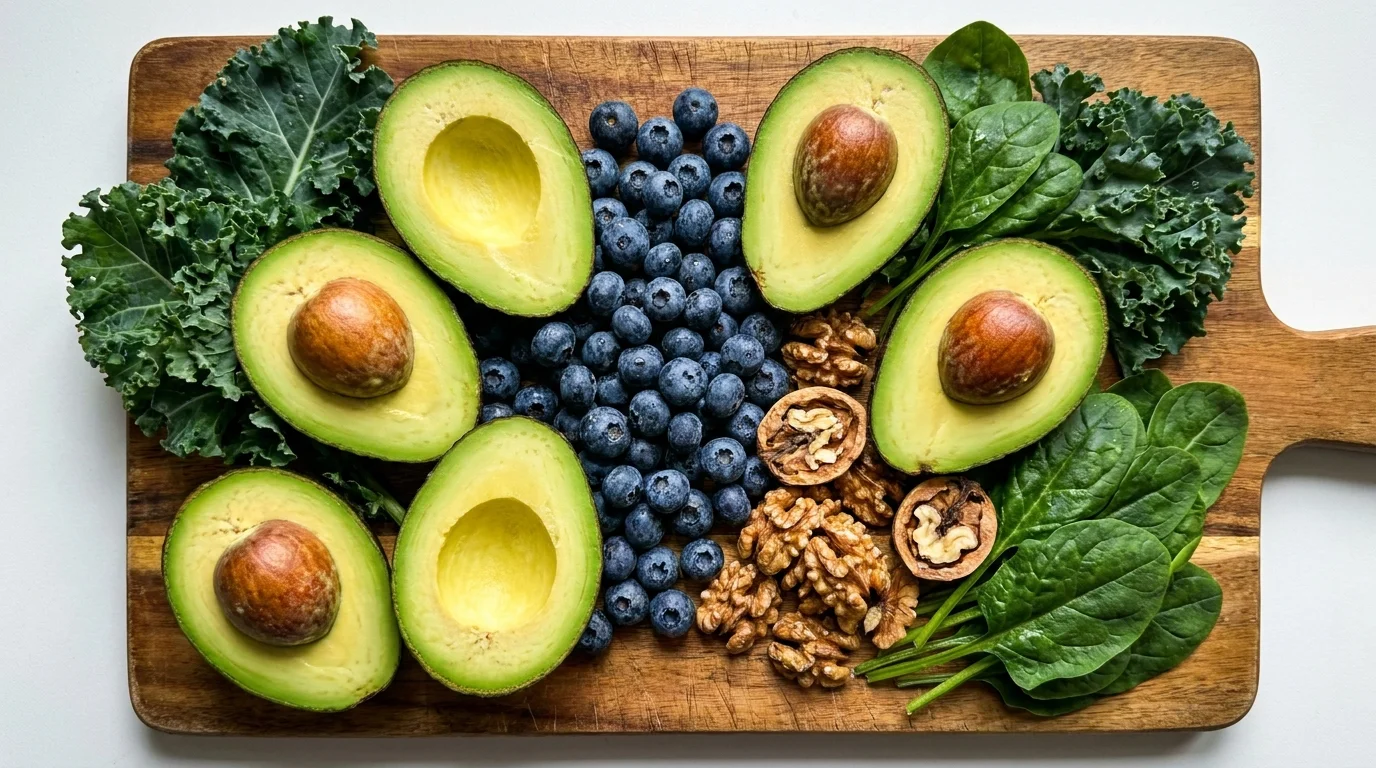 A close-up, top-down view of fresh, healthy foods like avocado, berries, and nuts on a wooden board.