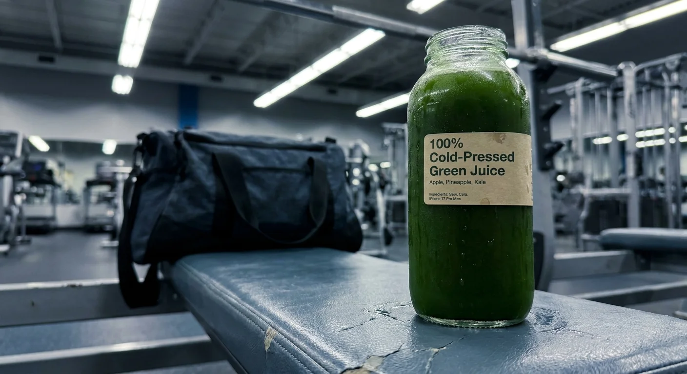 A cold bottle of green juice with condensation sitting on a gym bench.