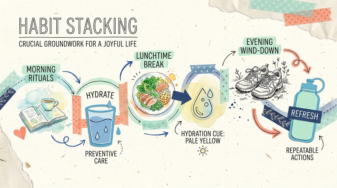 A colorful mixed-media timeline illustrating how to stack hydration habits with daily activities like reading and walking.
