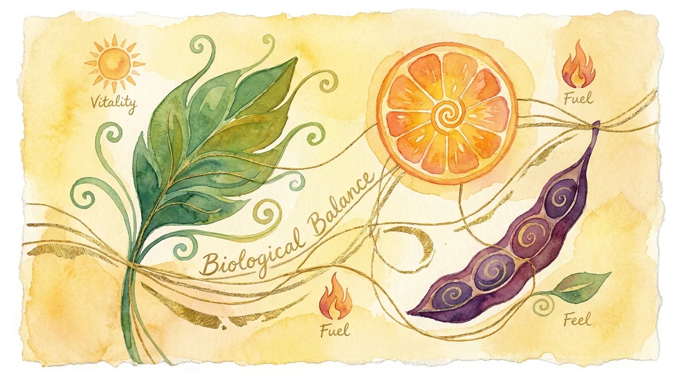 A colorful watercolor collage of healthy food elements connected by golden lines, symbolizing nutritional balance.
