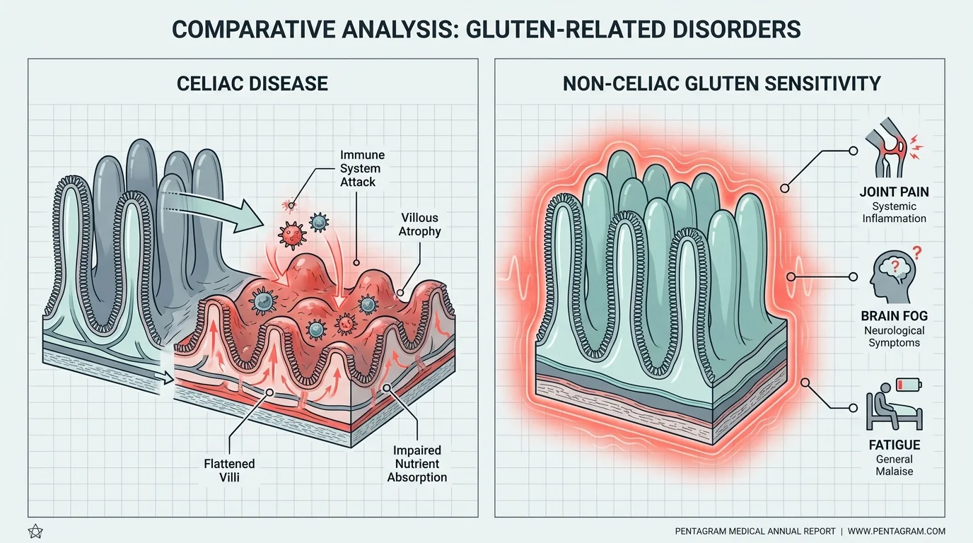 A comparative diagram showing the difference between celiac intestinal damage and the systemic inflammation of gluten sensitivity.