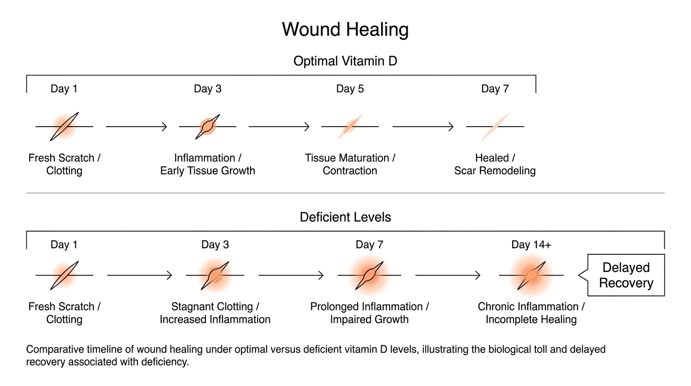 A comparative timeline diagram showing fast healing versus delayed healing due to vitamin deficiency.