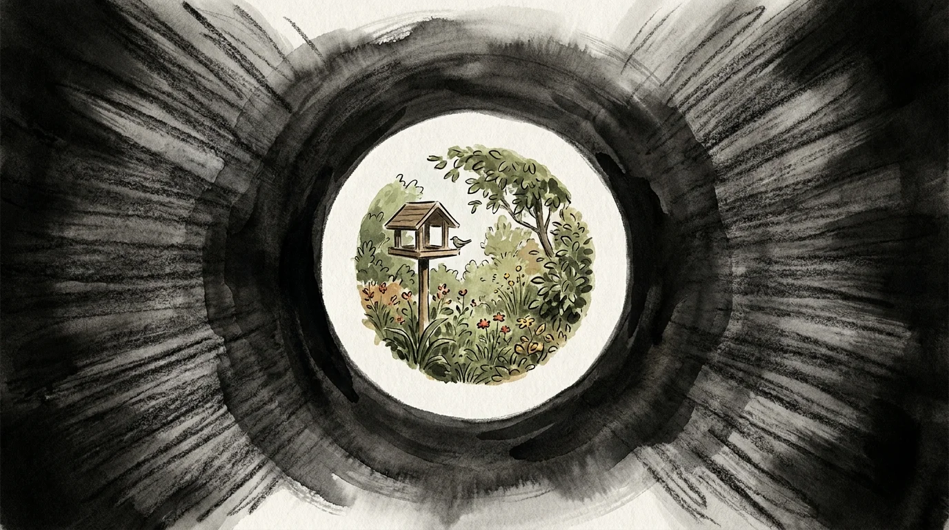 A conceptual drawing showing a clear central view surrounded by a dark, encroaching shadow in the periphery.