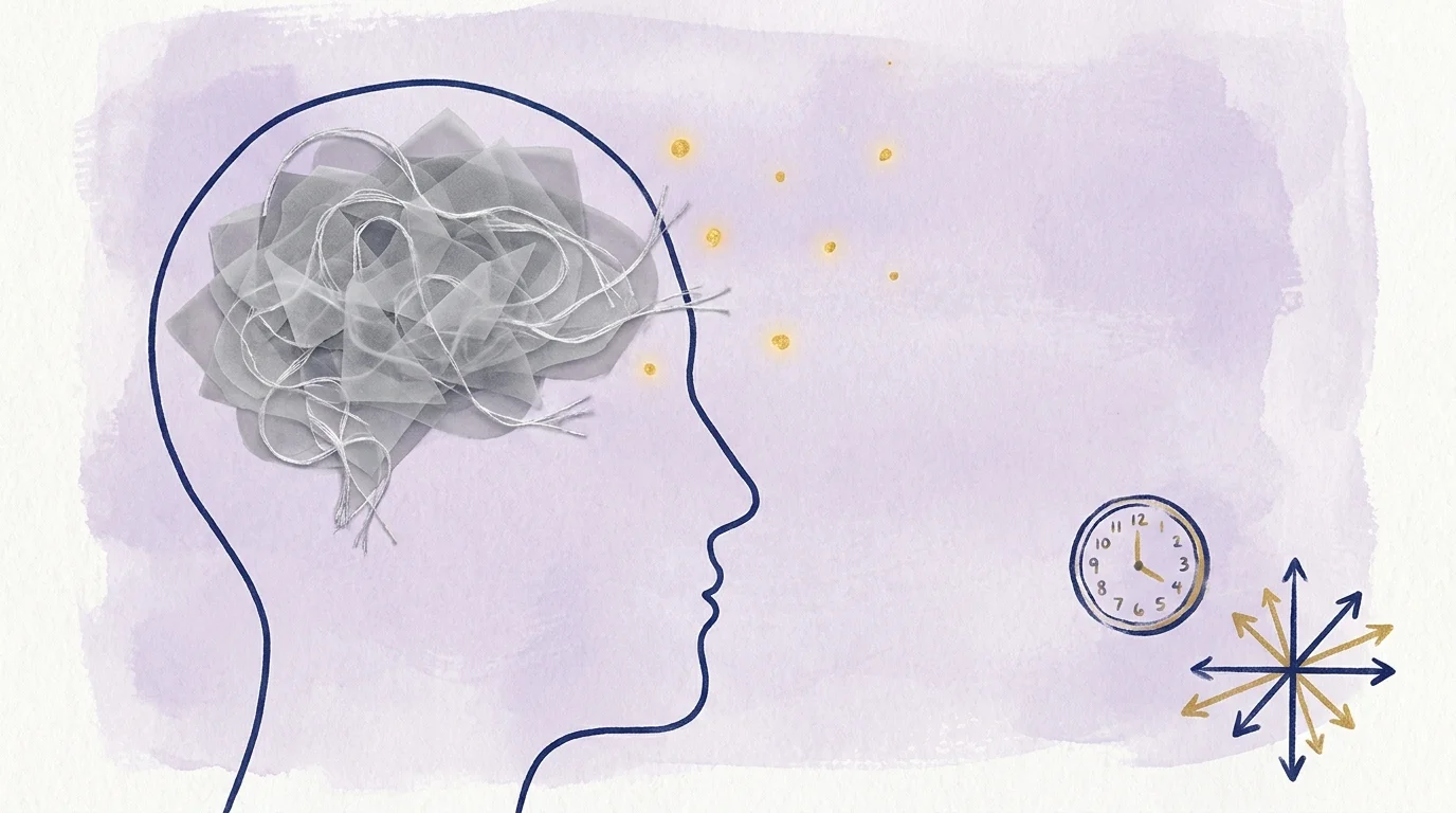A conceptual illustration of a head filled with tangled threads, symbolizing cognitive sluggishness.