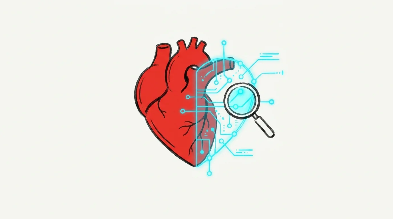 A conceptual illustration of a heart transforming into a digital network, under a magnifying glass.